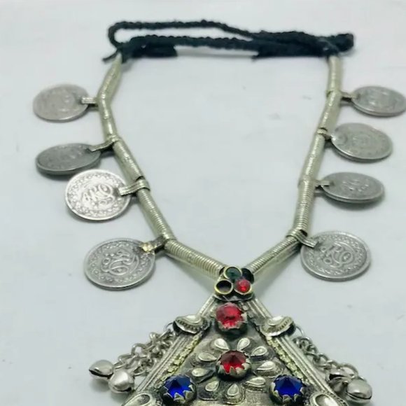 Silver Vintage Long Pendant Necklace with Coins Handmade Afghan Pendant Necklace - Picture 5 of 11